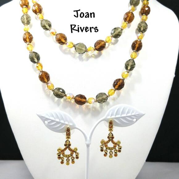 Joan Rivers Yellow Topaz Green Glass Bead Necklace & Post Drop Earrings, 1990s - Picture 1 of 10